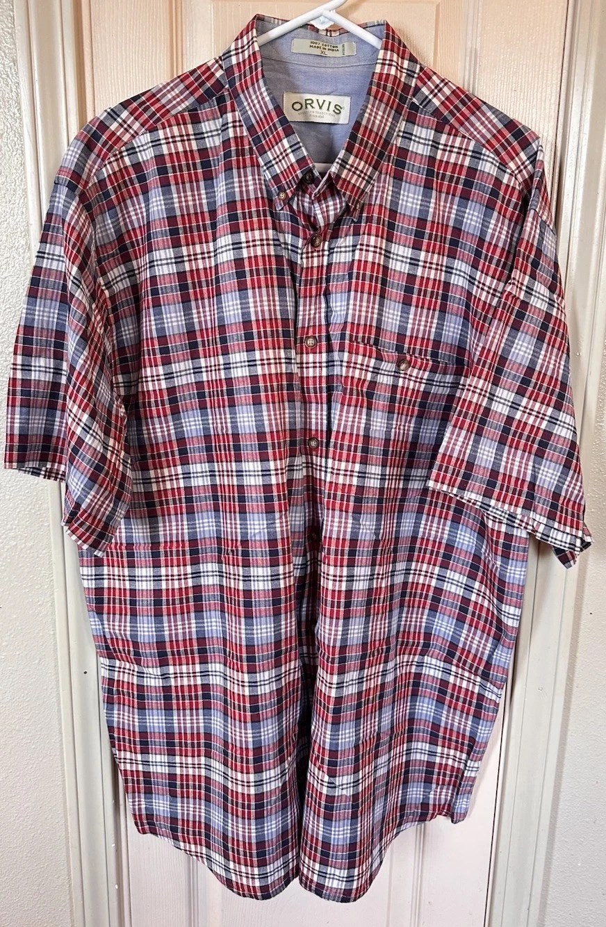 Orvis Mens XL Red Plaid Outdoor Hiking Short Sleeve Full Button Shirt
