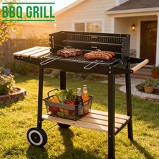 Image of Rectangular Charcoal BBQ Grill Barbecue with Side Table, Storage Shelf, Wheels