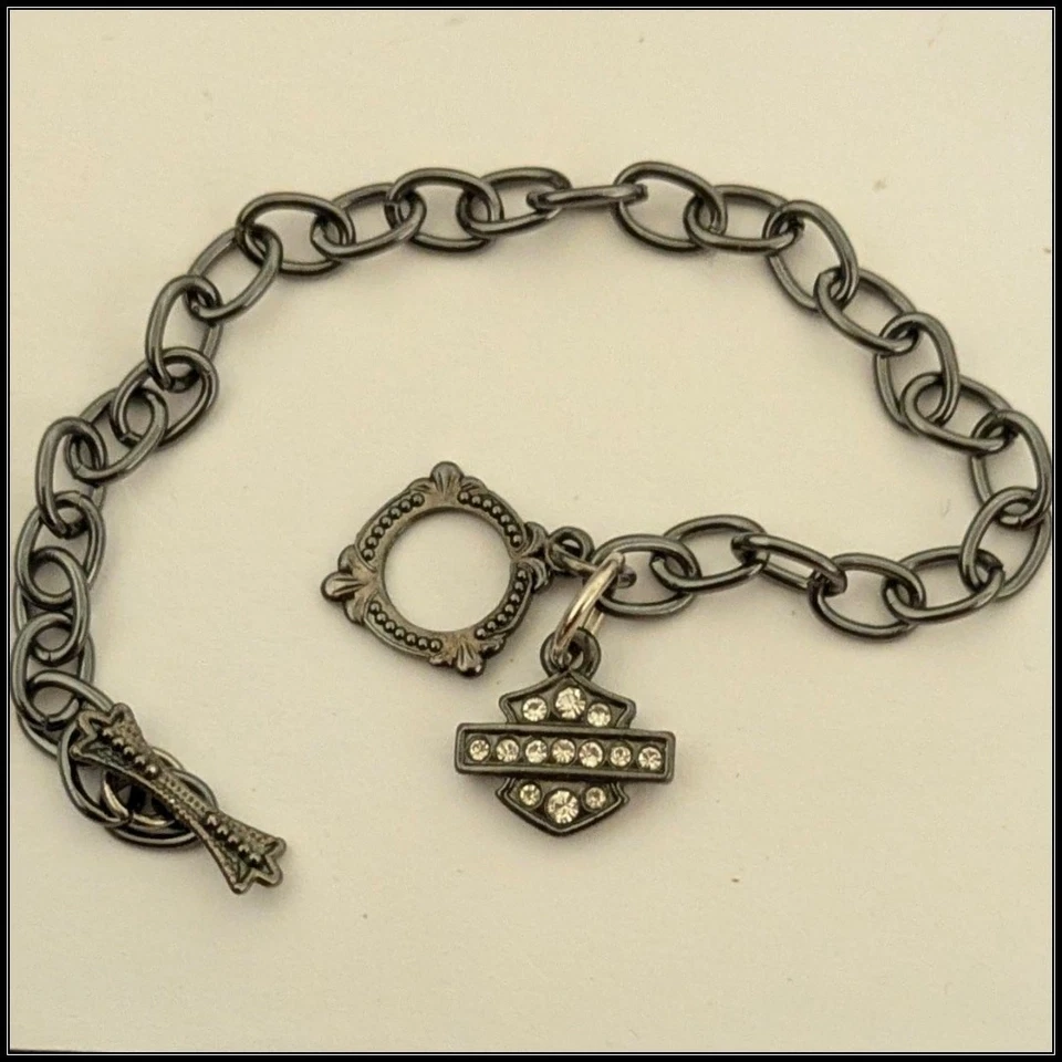 HARLEY DAVIDSON Bracelet Rhinestone Bar & Shield Charm Gunmetal Gray Chain - Image 2 of 4