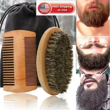 Boar Bristle Beard Mustache Comb Wood Set Handle Hair Brush Shaving Tool For Men