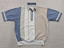 Vintage Retro Classics By Palmland Polo Shirt Mens L Blue Tan Banded Bottom Knit