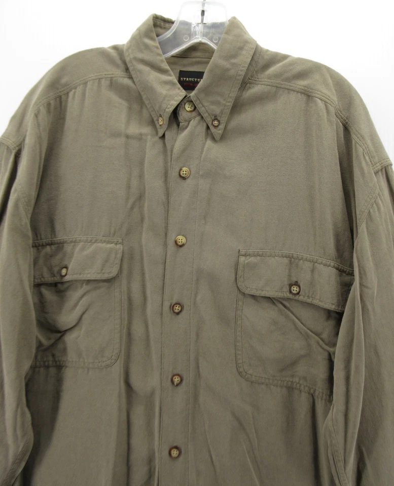 VINTAGE Structure Shirt Men Medium Green Silk Button Up Safari Flap Pockets Y2K - Image 2 of 4