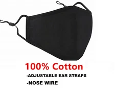 100% Cotton Face Mask Unisex Reusable Washable Black One Size Fits All