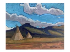 Western Painting Landscape Tee-pee Sky Mountains Signed Liam Dye Impressionist 