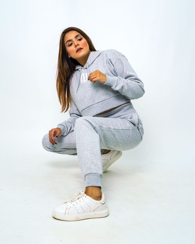 Womens Ladies Ribbed Hem Crop Top Hoodie Jogging Bottoms Tracksuit 2pcs Set - Picture 10 of 34