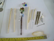 Lacemaking Bone Lace Bobbins Metal Bodkins Hook Pin Needles thread Winder Lot 12