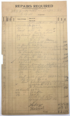 1920 Huntington Broad Top Mountain Railroad & Coal Repair Card Filled Out 