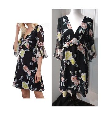 French Connection Dress Size 12 Floral Ruffle Chiffon Sheer Bell Sleeves Lined 