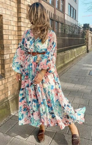 Pink Floral Chiffon Maxi Dress 
