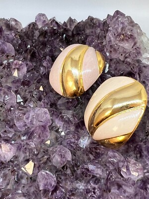 Vintage 80s Rose Quartz Gold Plated Clip On Earrings Mob Wife Aesthetic Retro