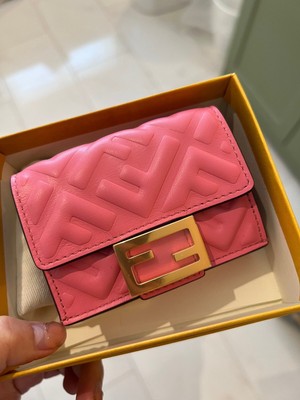 AUTH Fendi Baguette Micro Trifold Pink nappa leather wallet Gold
