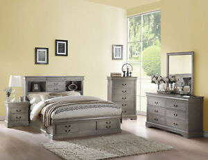 Traditional Gray 5 Piece Bedroom Set W Queen Bookcase Headboard Storage Bed Ab3 Ebay