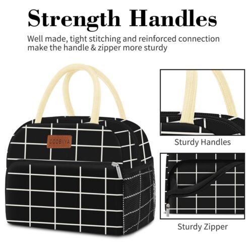 Black Plaid Lunch Tote Bag Large Insulated Cooler for Work Office Picnic Travel - Picture 5 of 8
