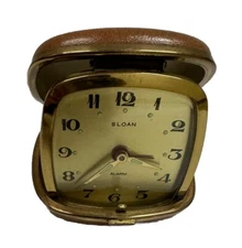 Sloan Pocket Watch Wind Up Clock Travel Alarm Gold With Brown Case Japan Vintage