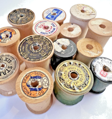 Lot of 14 Vintage Wooden Sewing Thread Spools, Assorted Sizes, Craft Supplies