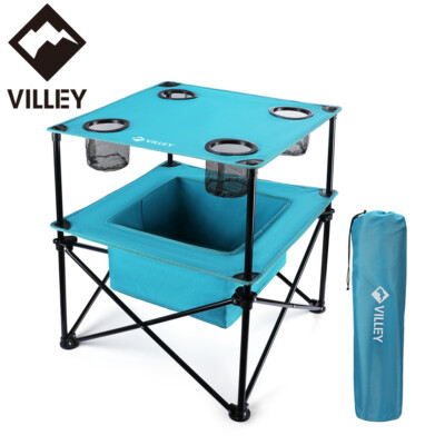 VILLEY Folding Beach Table Portable Camping Picnic Table 4 Cup Holders Carry Bag