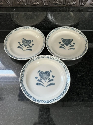 Gibson My Heart Dessert Bread Plates 7.25" Blue Set Of 3 Vintage Sponge paint
