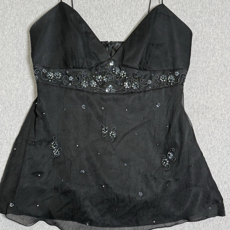 Camiseta sin mangas Shelli Segal para mujer M negra con cuentas Babydoll Cami estilo Y2K hada oscura Foto 3 de 4