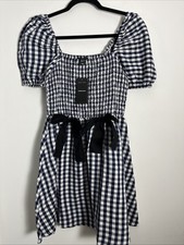 NEW LOOK - CHECKED SHIRRED BOW SHORT DRESS - SIZE 06 - BLUE