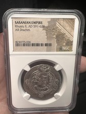 Khusru II 591-628 AD, Sasanian Empire Kingdom AR Drachm Persian Silver Coin, NGC