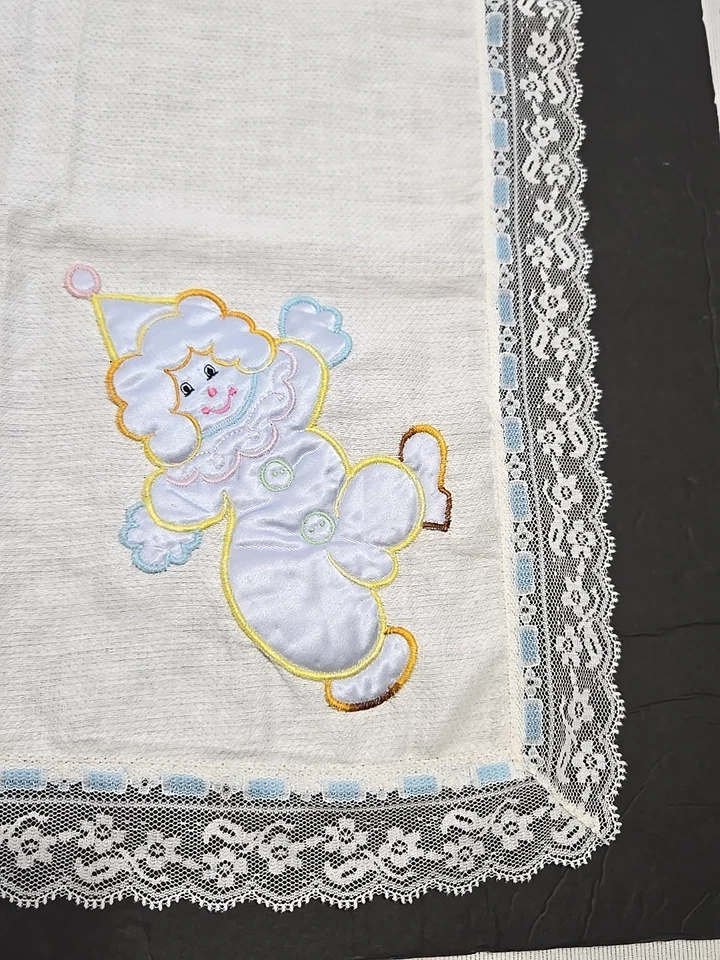 Manta bebé tejido algodón vintage apliques payaso cinta azul ribete encaje 36"x36" Foto 4 de 4