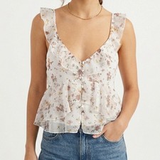 Abercrombie Fitch Floral Ruffle Tank Top White Button Front Women's Size S