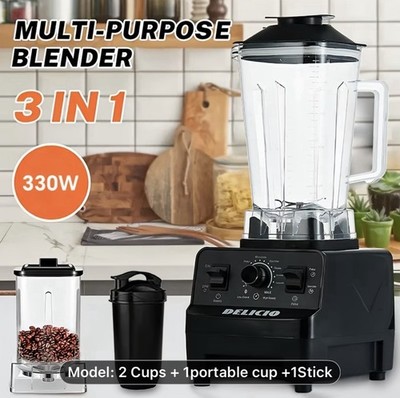 DELICIO Electric Blender 2.2L 330W 2 Cups Portable Cup Stick Black Plastic