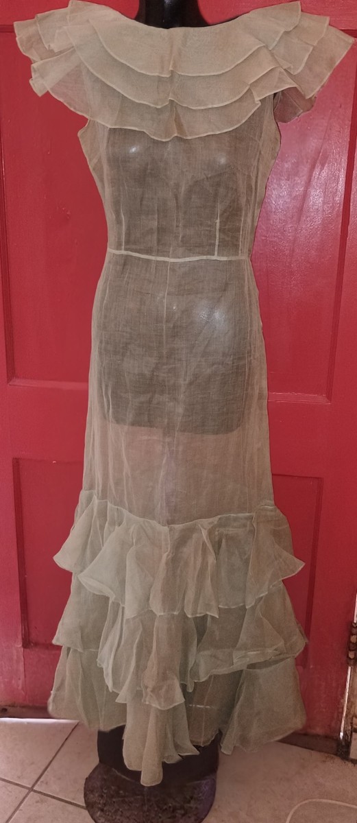Vintage 30s 40s Sheer Pale Green Long Maxi Party Dress Tiered Ruffles | eBay