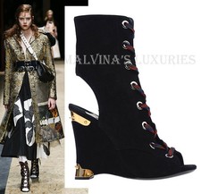 PRADA BOOTS WEDGE LACE-UP PEEP-TOE BOOTIES SUEDE LEATHER 1,150 sz IT 37 US 7