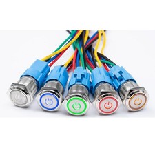 16mm 12V LED Power Symbol Metal Push Button Toggle Switch w/ Wire Socket Harness