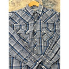 Wrangler Wrancher Mens Blue Grey Plaid Pearl Snap Western Shirt MTW1256 Large