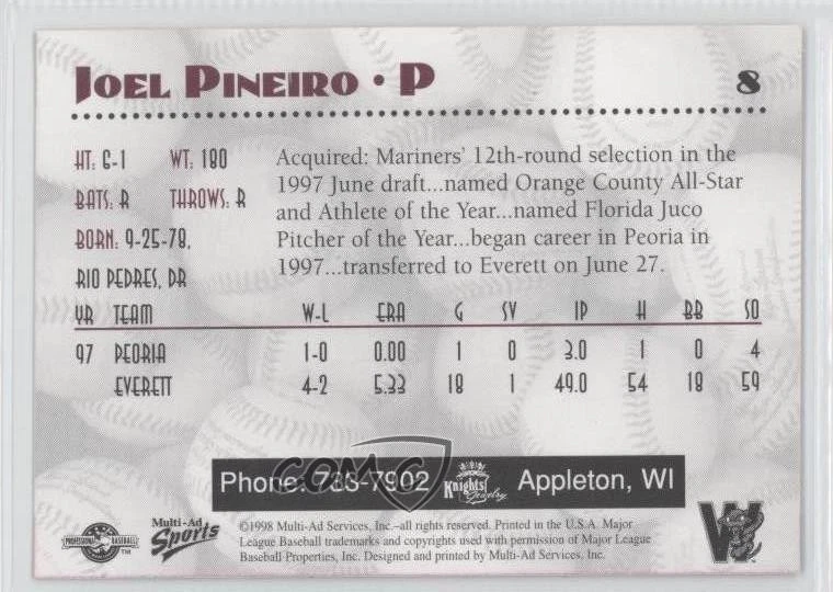 1998 Multi-Ad Sports Wisconsin Timber Rattlers Joel Pineiro #8 - Image 2 of 2