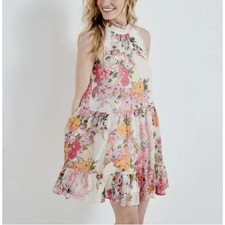 Bleecker 126 Floral Chiffon High Neck Dress Sleeveless Tiered Size XL