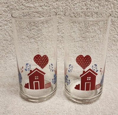 Vintage Corelle by Corning Home Town Lot of 2 Drinking Glasses Red House Heart