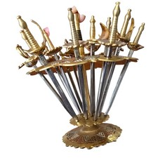 Vintage Toledo Spain Miniature Sword Cocktail Pick Set with Enameled Brass Stand