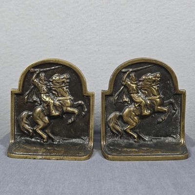 Vintage Hubley Cast Iron Bookends Pair Bronze Arabian Warrior Horseback Decor
