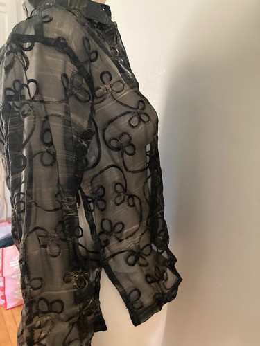 Chicos Design Vintage Gr. 2 Large 100 % Seide transparent bestickt Crinkle Bluse Jacke - Bild 5 von 7
