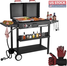 US Stock Propane Griddle Charcoal Grill Combo Dual Lids 2 Side Shelves
