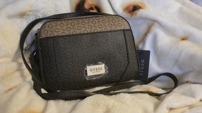 GUESS Women's Logo Shoulder Bag Brown Black Zip Closure Designer