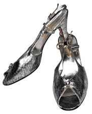 Salvatore Ferragamo 1950s Vintage Silver OP Art Slingback Peep Toe Heels 8A