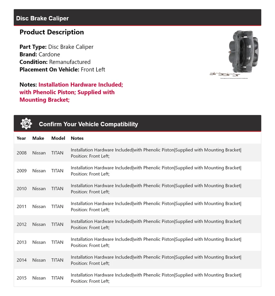 Para 2008-2015 Nissan TITAN pinça de freio a disco dianteira esquerda Cardone 2009 2010 2011 - Imagem 2 de 4