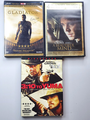 Three (3) Russell Crowe DVD Movies Gladiator A Beautiful Mind 3:10 to Yuma DVDs