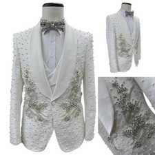 Men White Jacquard Tuxedo with Applique Embroidery Beaded Crystals Custom
