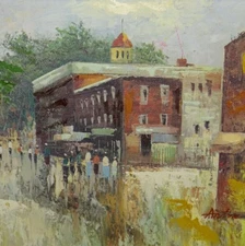 Vint Impressionist Street Cityscape Canvas Print Acrylic Highlights Signed 12x10