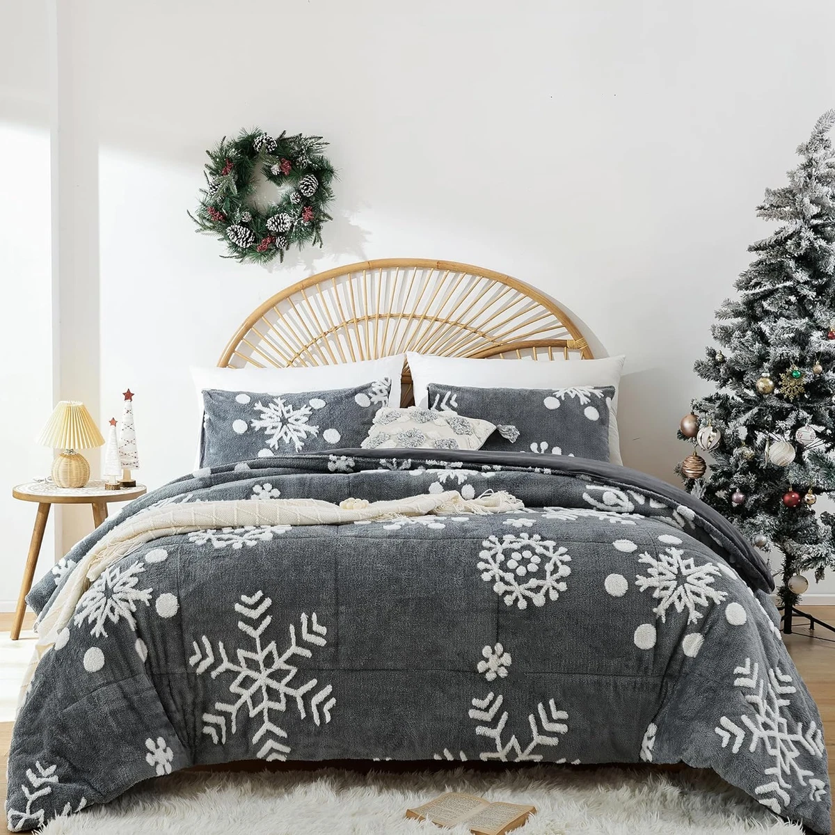 Queen Comforter Set Christmas Bedding with White Snowflake Stereoscopic on Grey