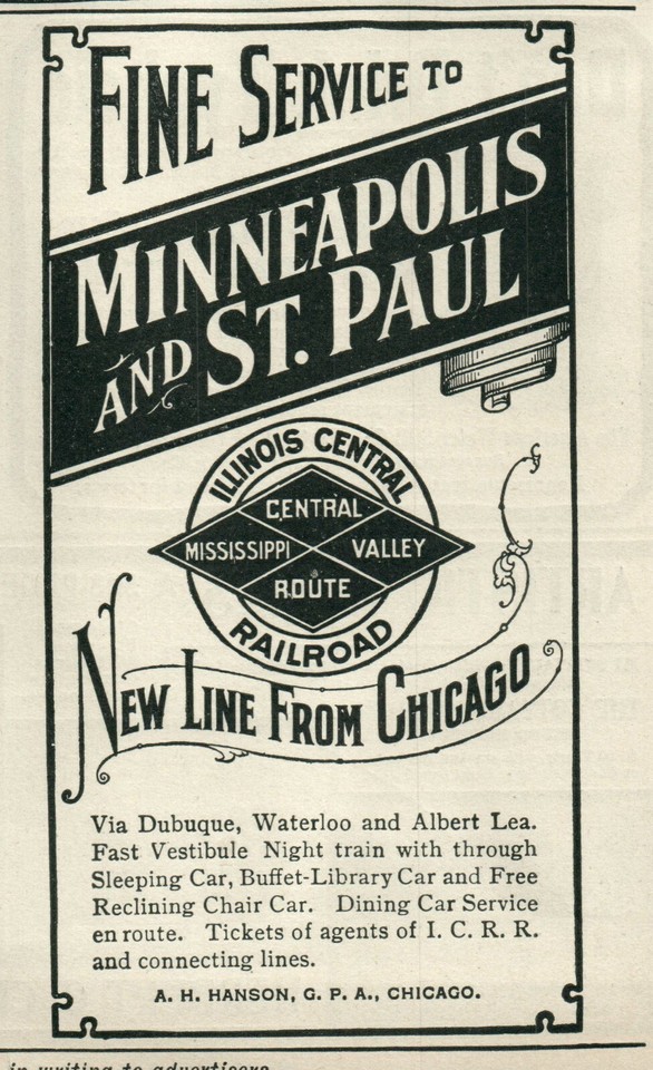 1903 ILLINOIS CENTRAL RAILROAD Minneapolis St Paul MN Original Print Ad