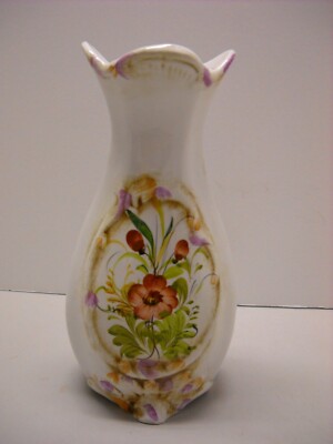 Flower Vase Porcelain Purple and Red Flowers Hand Painted Marked on the Bottom