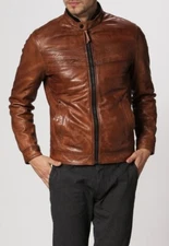 Men Leather Bomber Genuine Leather Brown Motorcycle Biker Jacket XS-2XL FB186