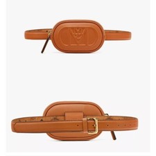 NEW 530 MCM Cognac Brown Nappa Leather Mode Travia LOGO POUCH BAG  BELT NIB XL