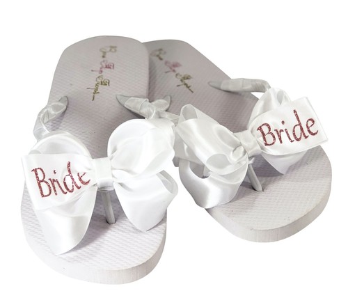 Satin Bow Bridal Flat Flip Flops, Glitter Black or Silver/Gold/Pink, All Sizes - Picture 2 of 9